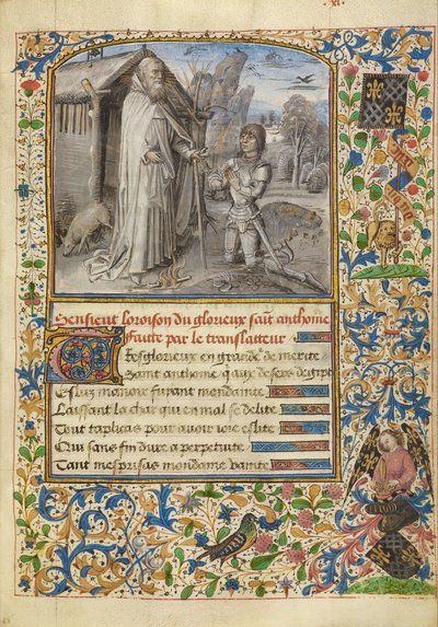 Ein junger Ritter in Rüstung kniet im Gebet vor dem heiligen Antonius von Dreux Jean